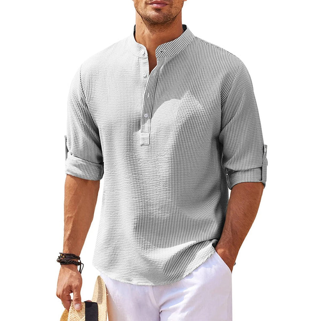 Men's Henley Long-Sleeve Waffle-Knit Half-Button Casual Shirt