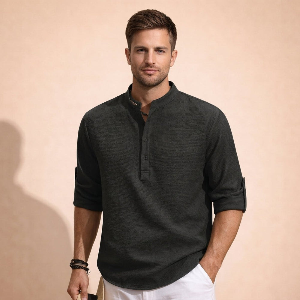 Men's Henley Long-Sleeve Waffle Linen Shirt Relaxed Fit