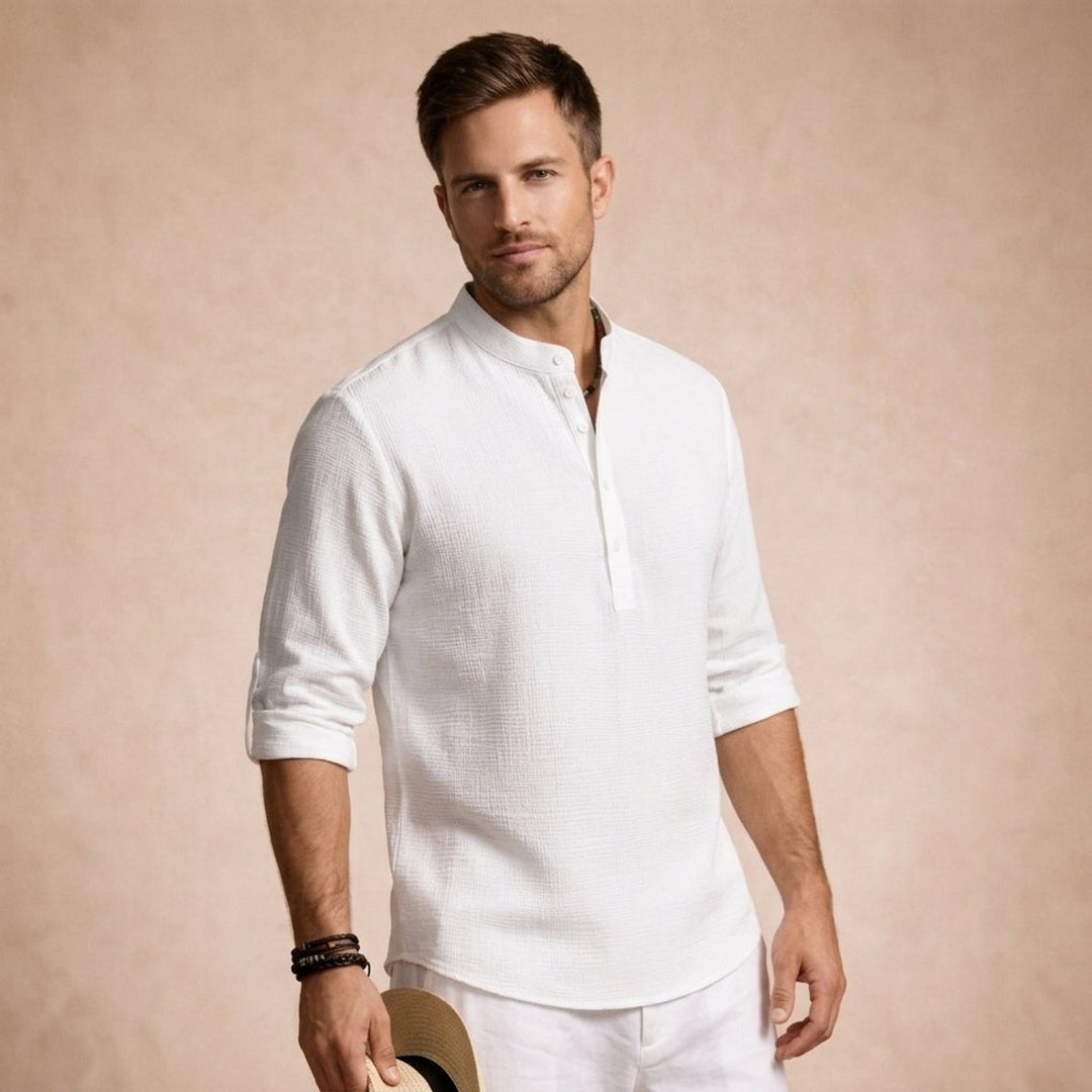 Men's Henley Long-Sleeve Waffle Linen Shirt Relaxed Fit
