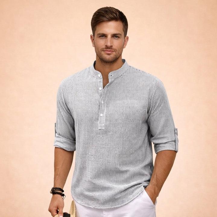 Men's Henley Long-Sleeve Waffle Linen Shirt Relaxed Fit