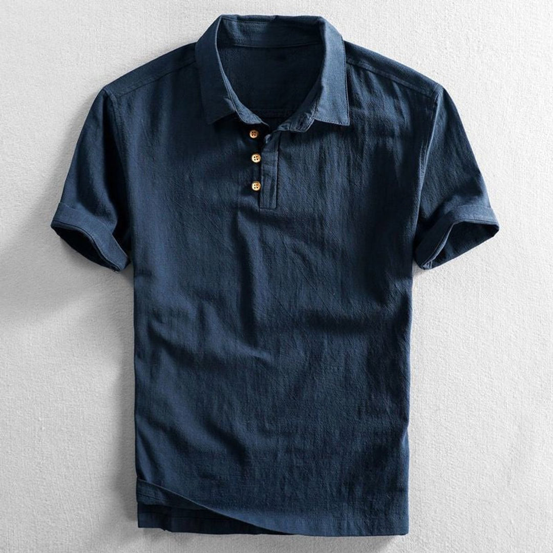 Mens Henley Short-Sleeve Linen Polo Shirt Three-Button Collar