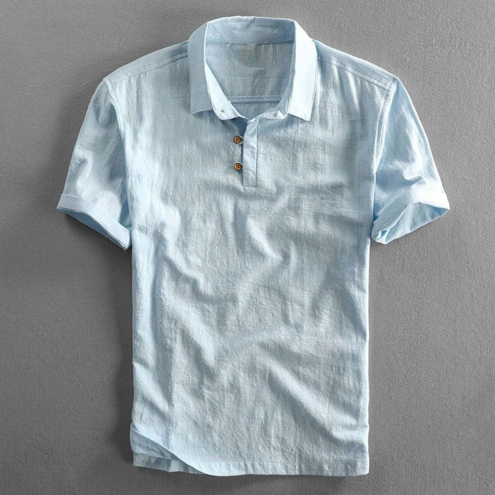 Mens Henley Short-Sleeve Linen Polo Shirt Three-Button Collar