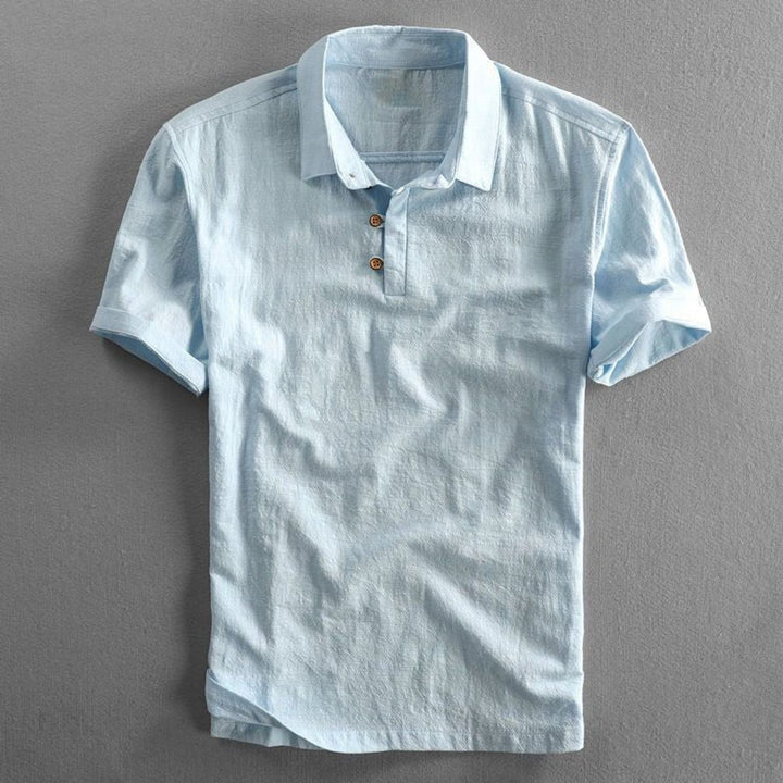 Mens Henley Short-Sleeve Linen Polo Shirt Three-Button Collar