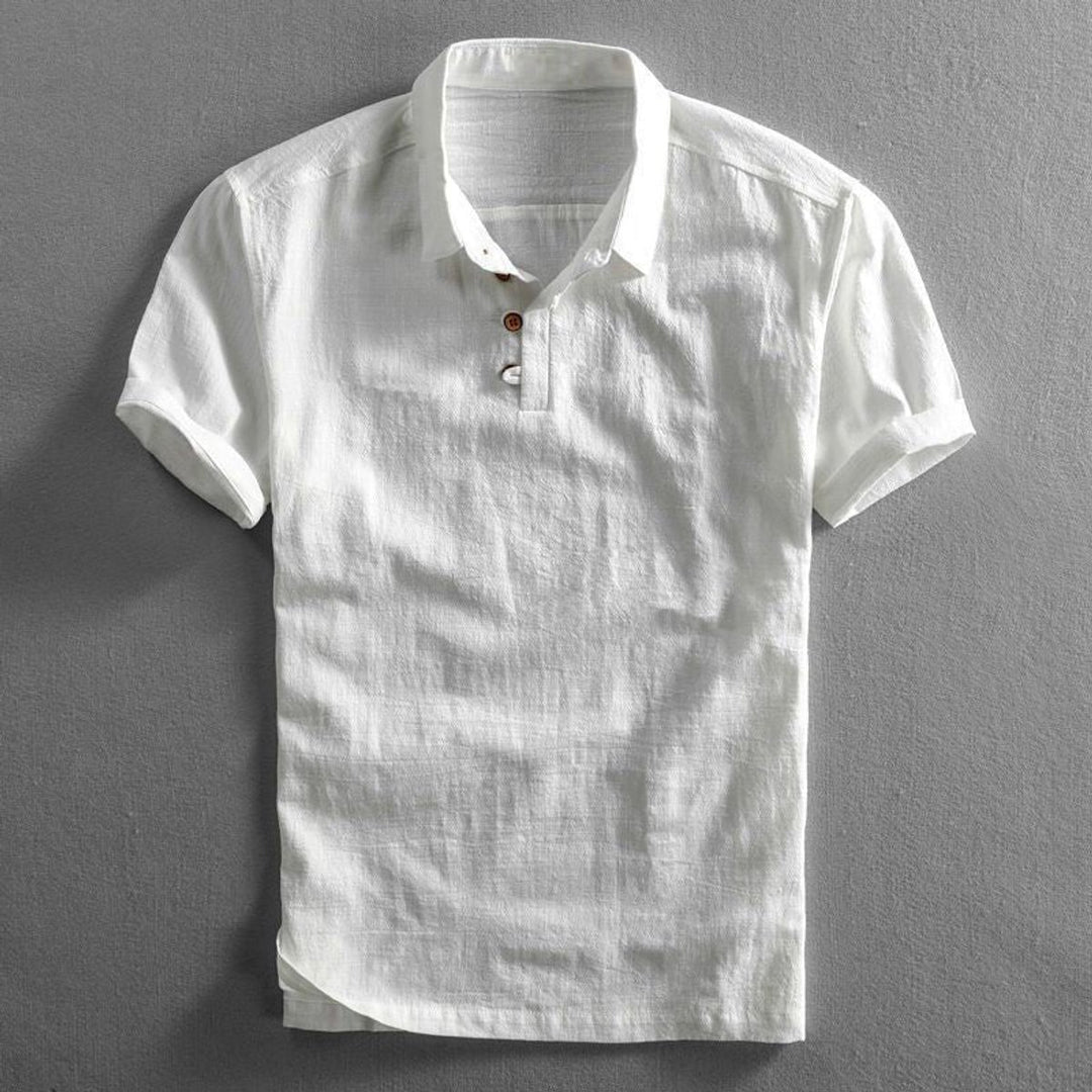 Mens Henley Short-Sleeve Linen Polo Shirt Three-Button Collar