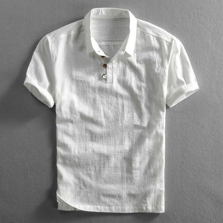 Mens Henley Short-Sleeve Linen Polo Shirt Three-Button Collar