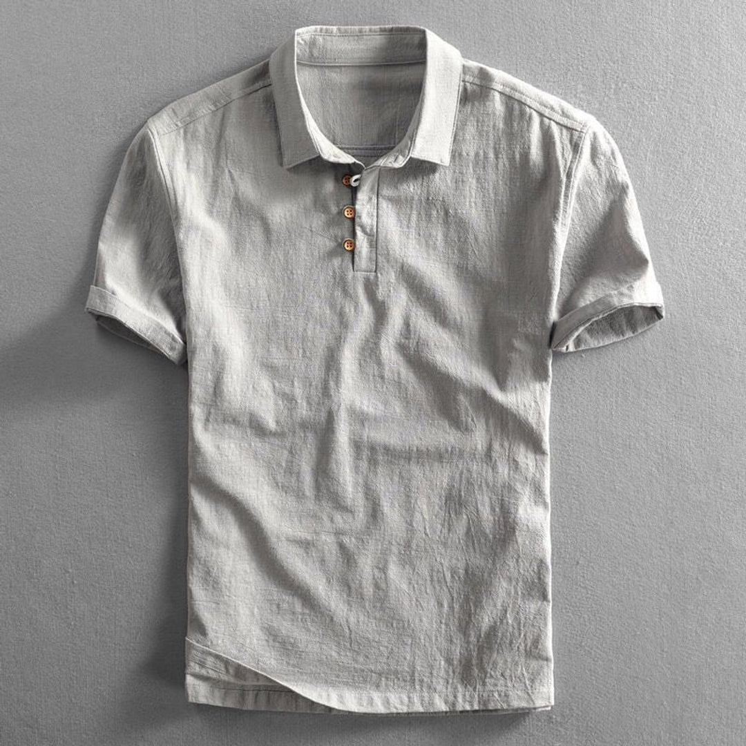 Mens Henley Short-Sleeve Linen Polo Shirt Three-Button Collar