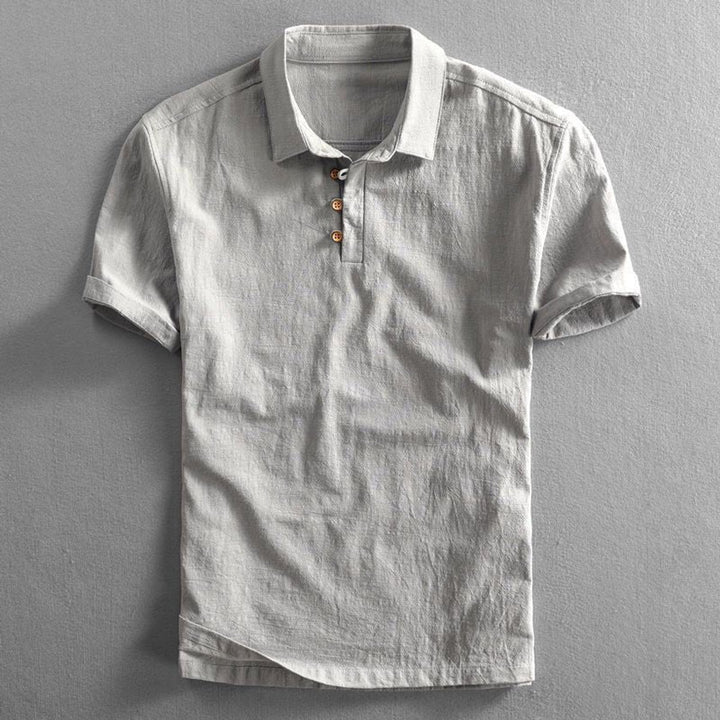Mens Henley Short-Sleeve Linen Polo Shirt Three-Button Collar