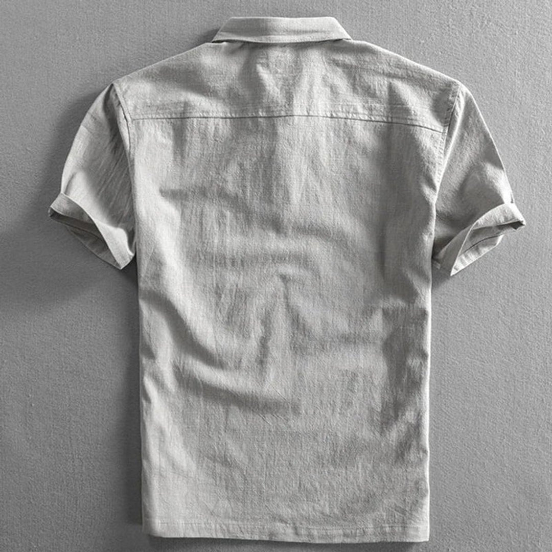 Mens Henley Short-Sleeve Linen Polo Shirt Three-Button Collar