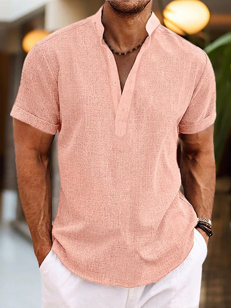 Men's Henley Short-Sleeve Linen Shirt Relaxed Summer Top