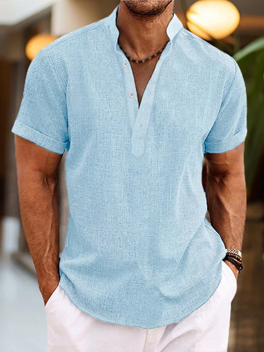 Men's Henley Short-Sleeve Linen Shirt Relaxed Summer Top