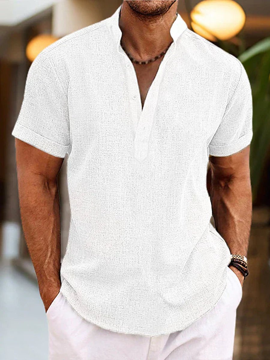Men's Henley Short-Sleeve Linen Shirt Relaxed Summer Top