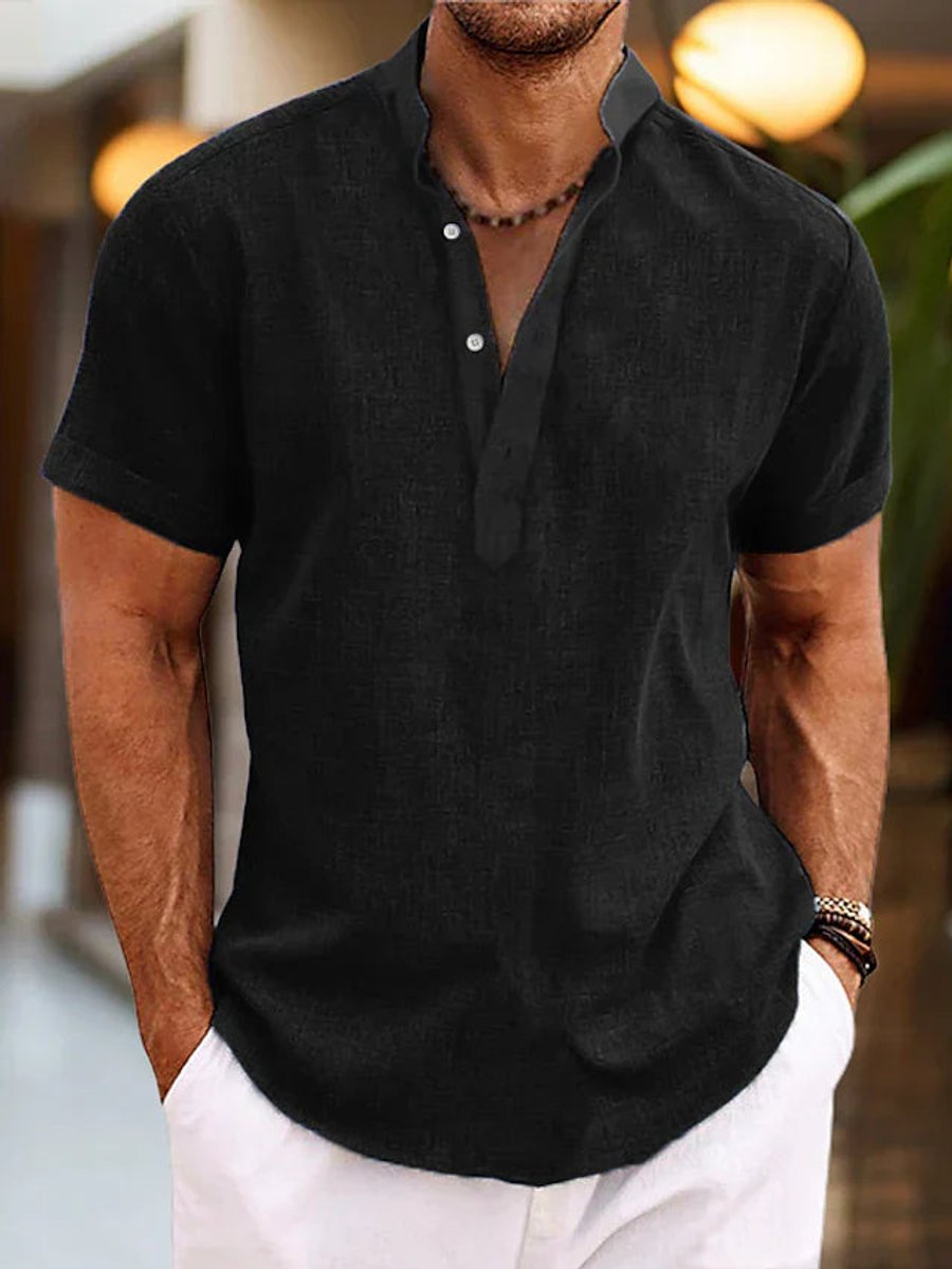 Men's Henley Short-Sleeve Linen Shirt Relaxed Summer Top