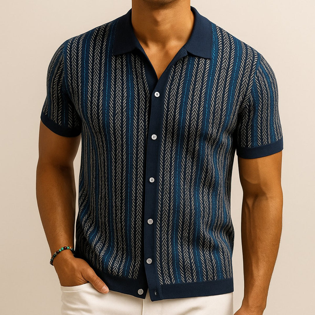 Men's Herringbone Knit Button-Down Short Sleeve Shirt