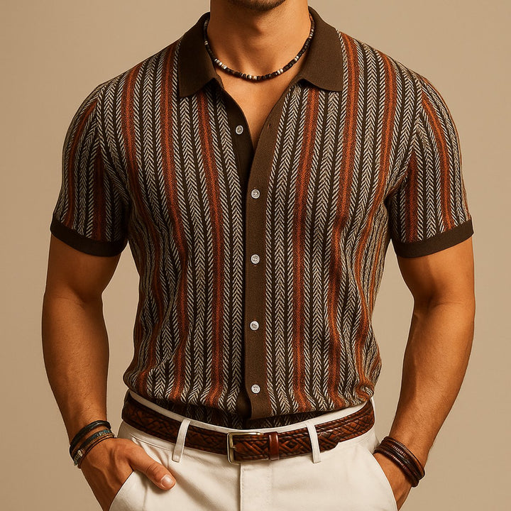 Men's Herringbone Knit Button-Down Short Sleeve Shirt