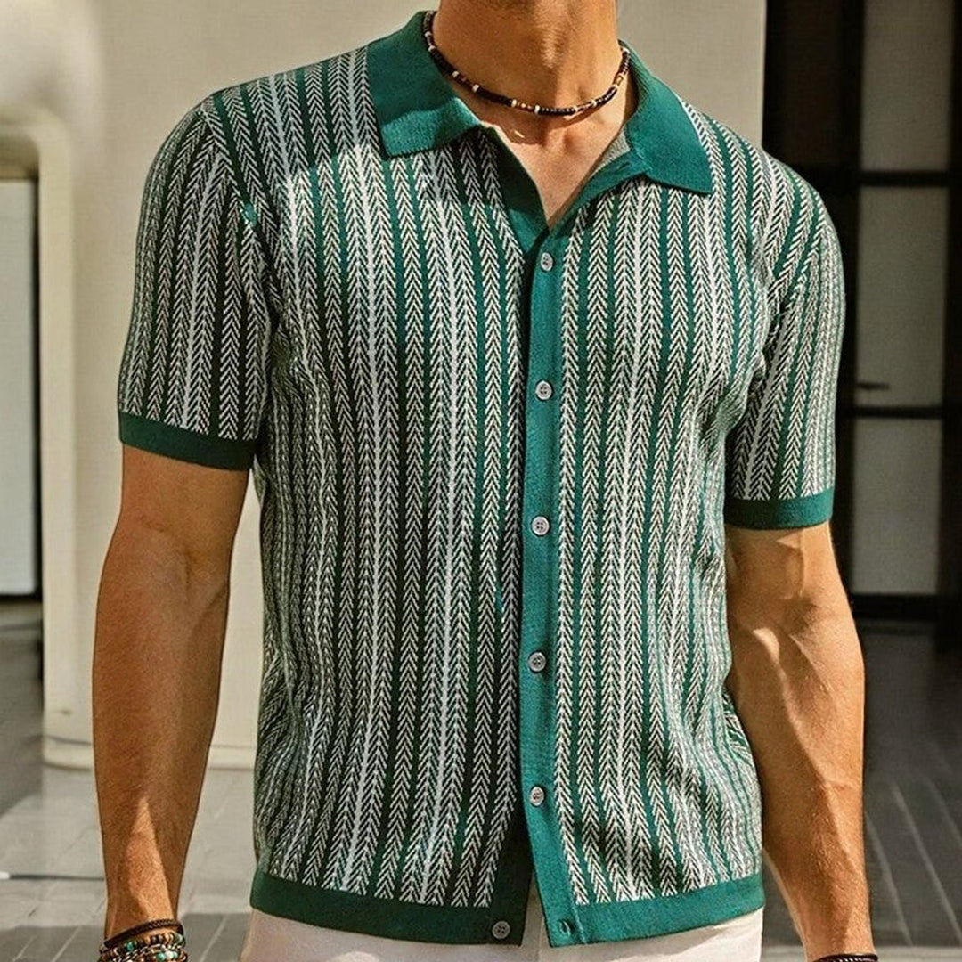 Men's Herringbone Knit Button-Down Short Sleeve Shirt