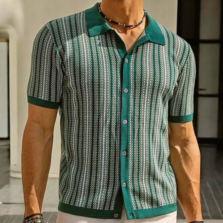 Men's Herringbone Knit Button-Down Short Sleeve Shirt
