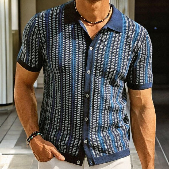 Men's Herringbone Knit Button-Down Short Sleeve Shirt