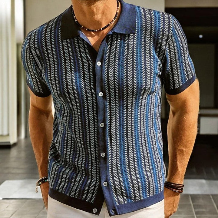 Men's Herringbone Knit Button-Down Short Sleeve Shirt