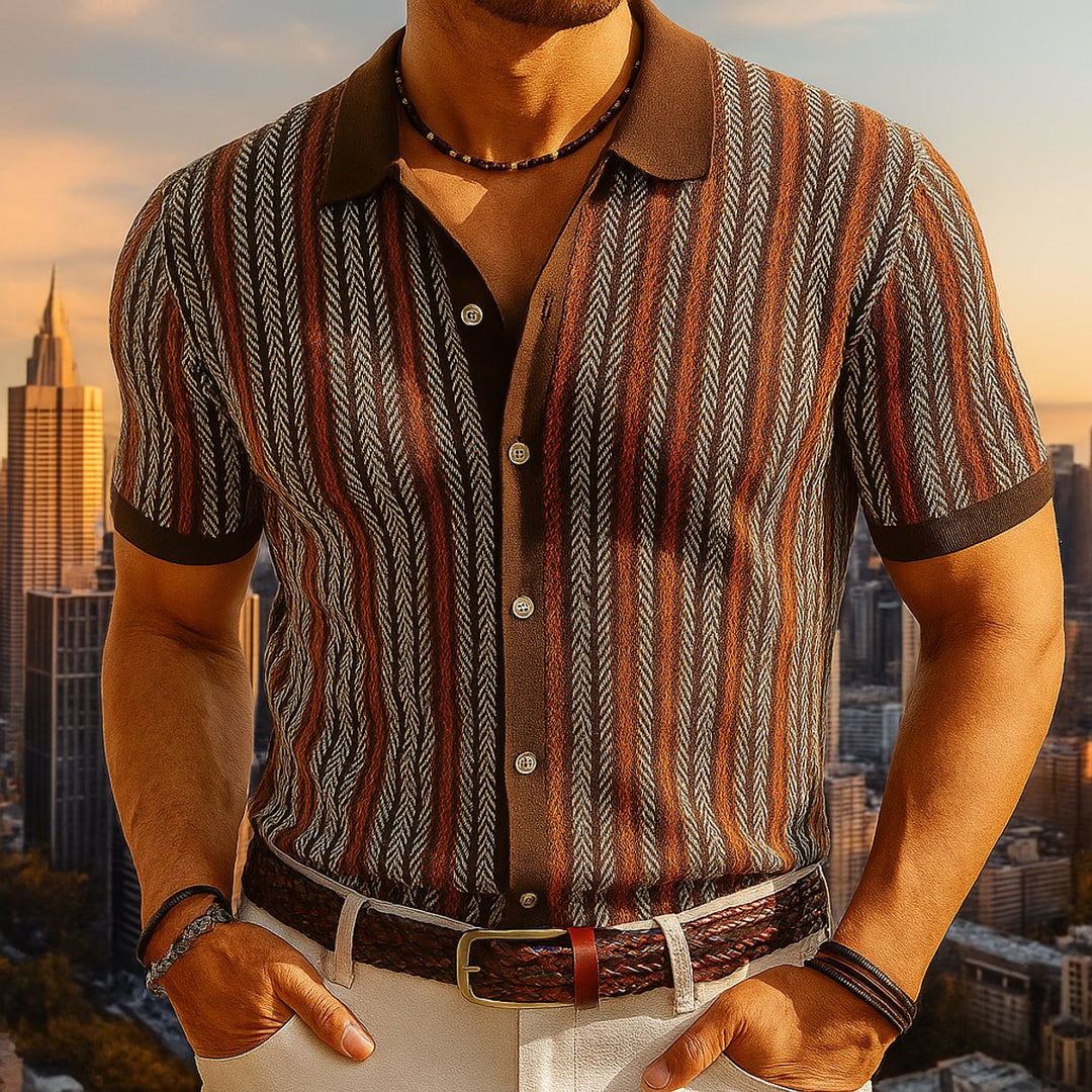 Men's Herringbone Knit Button-Down Short Sleeve Shirt