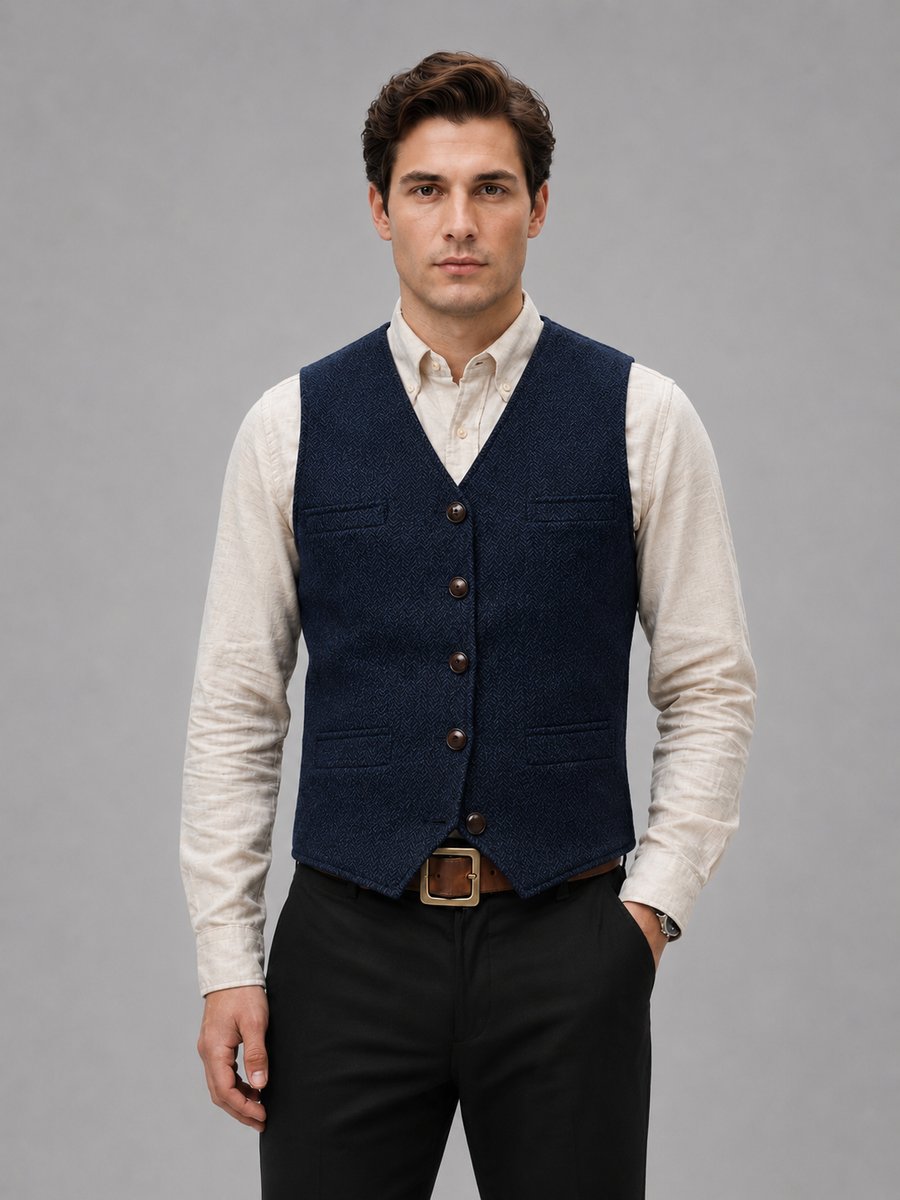 Men's Herringbone Tweed Tailored Button-Front Waistcoat