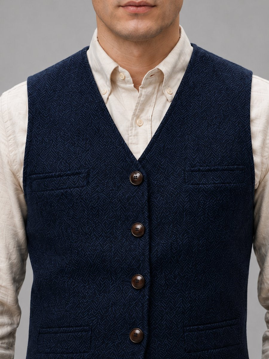 Men's Herringbone Tweed Tailored Button-Front Waistcoat
