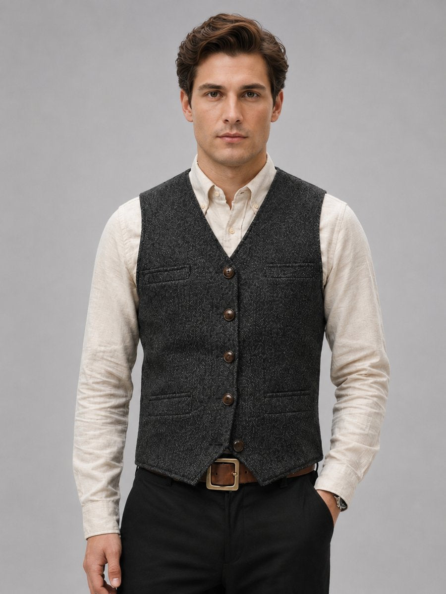 Men's Herringbone Tweed Tailored Button-Front Waistcoat