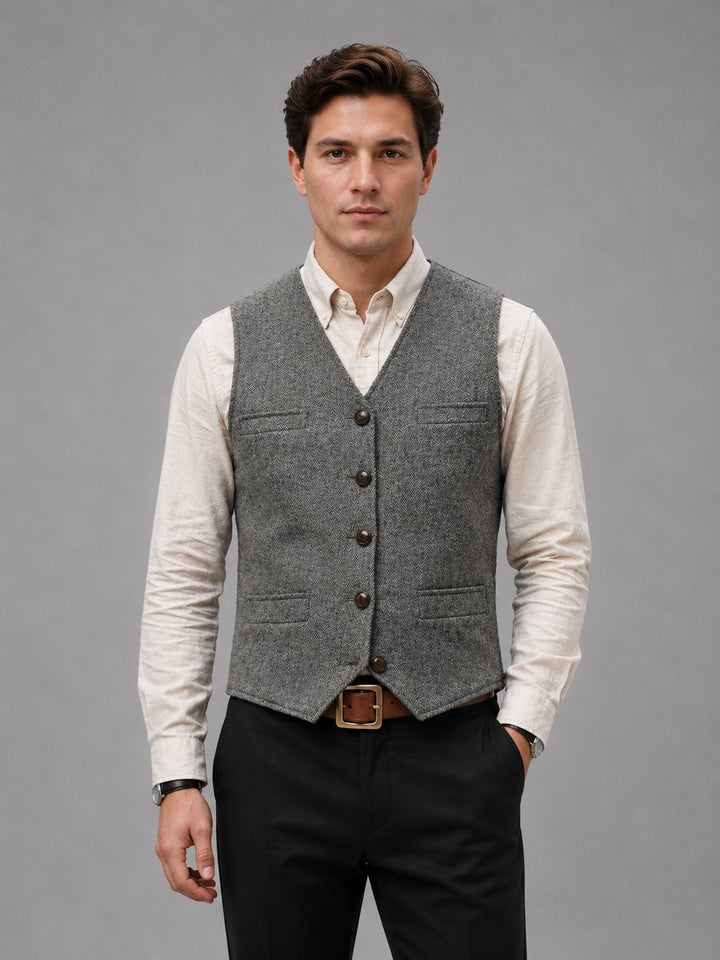 Men's Herringbone Tweed Tailored Button-Front Waistcoat
