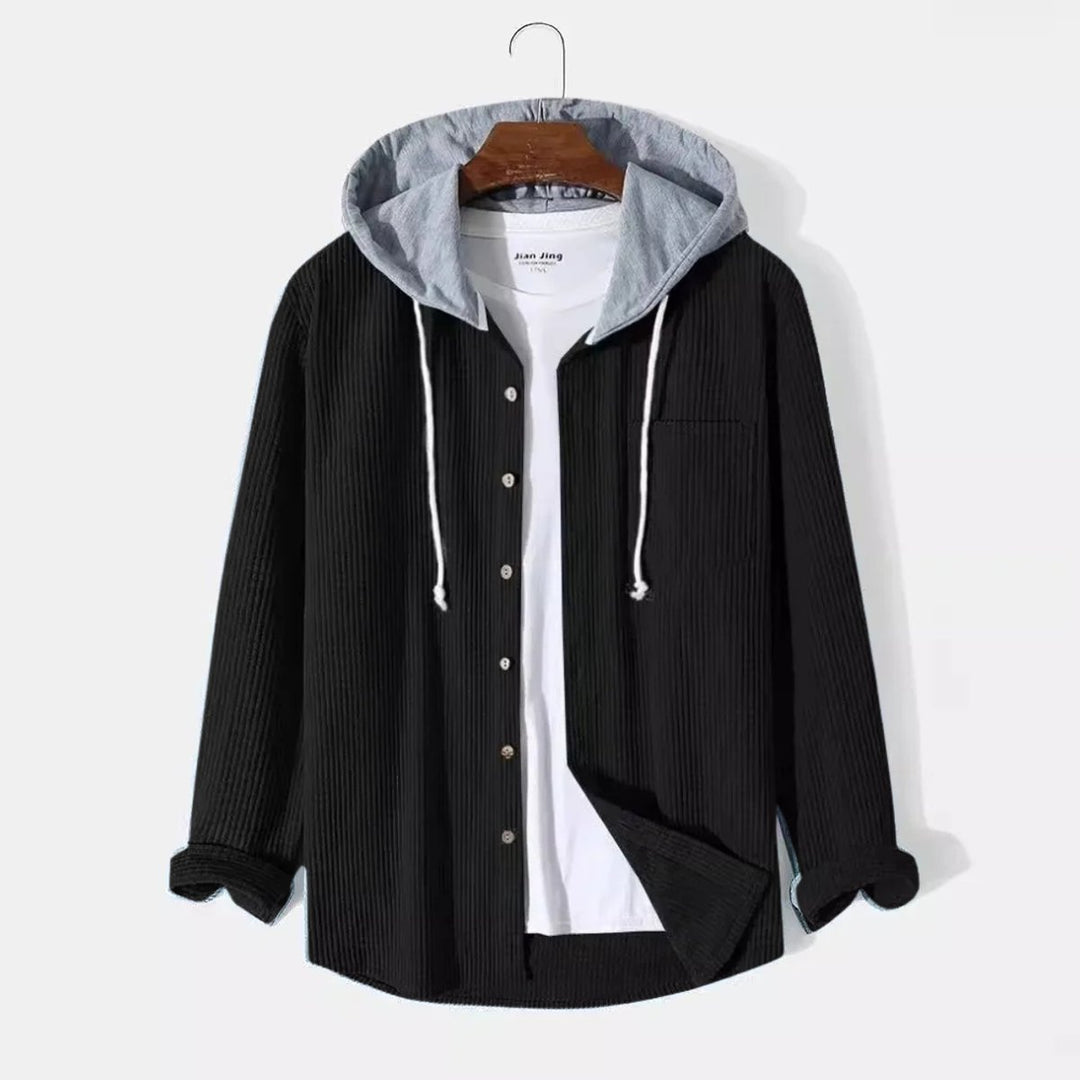Mens Hooded Button-Front Corduroy Cardigan Jumper