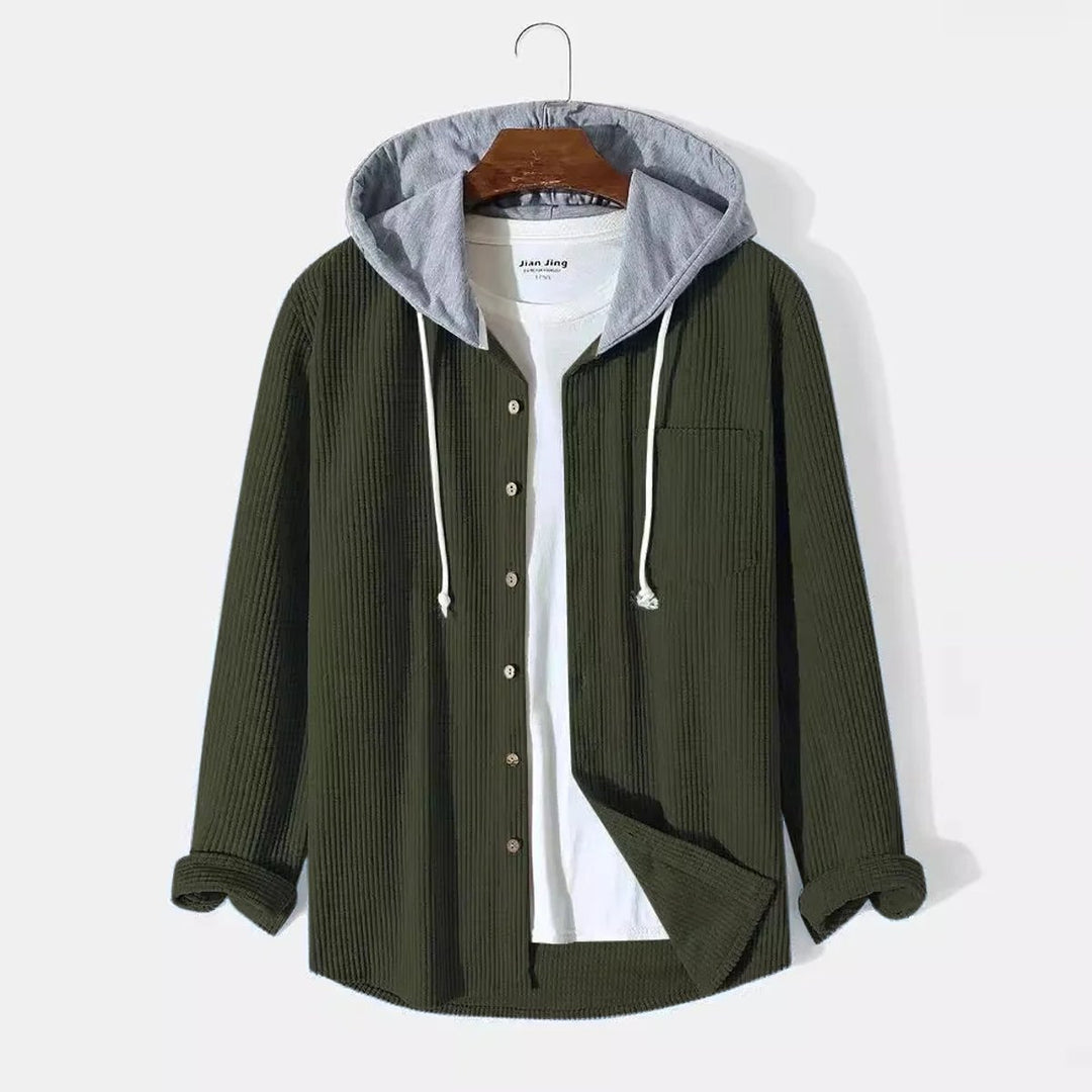 Mens Hooded Button-Front Corduroy Cardigan Jumper
