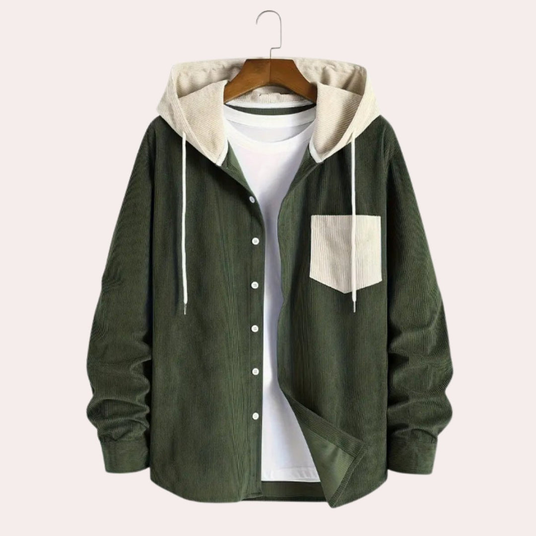 Mens Hooded Corduroy Button-Through Zip Hoodie Overshirt
