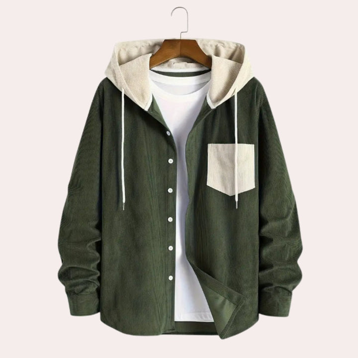 Mens Hooded Corduroy Button-Through Zip Hoodie Overshirt