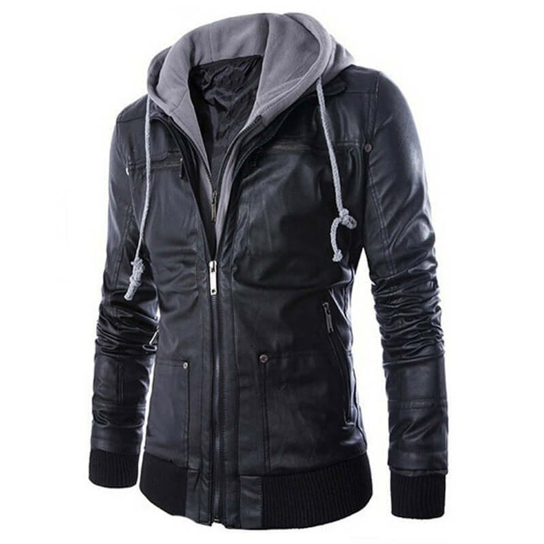 Men's Hooded Faux Leather Bomber Jacket Regular Fit