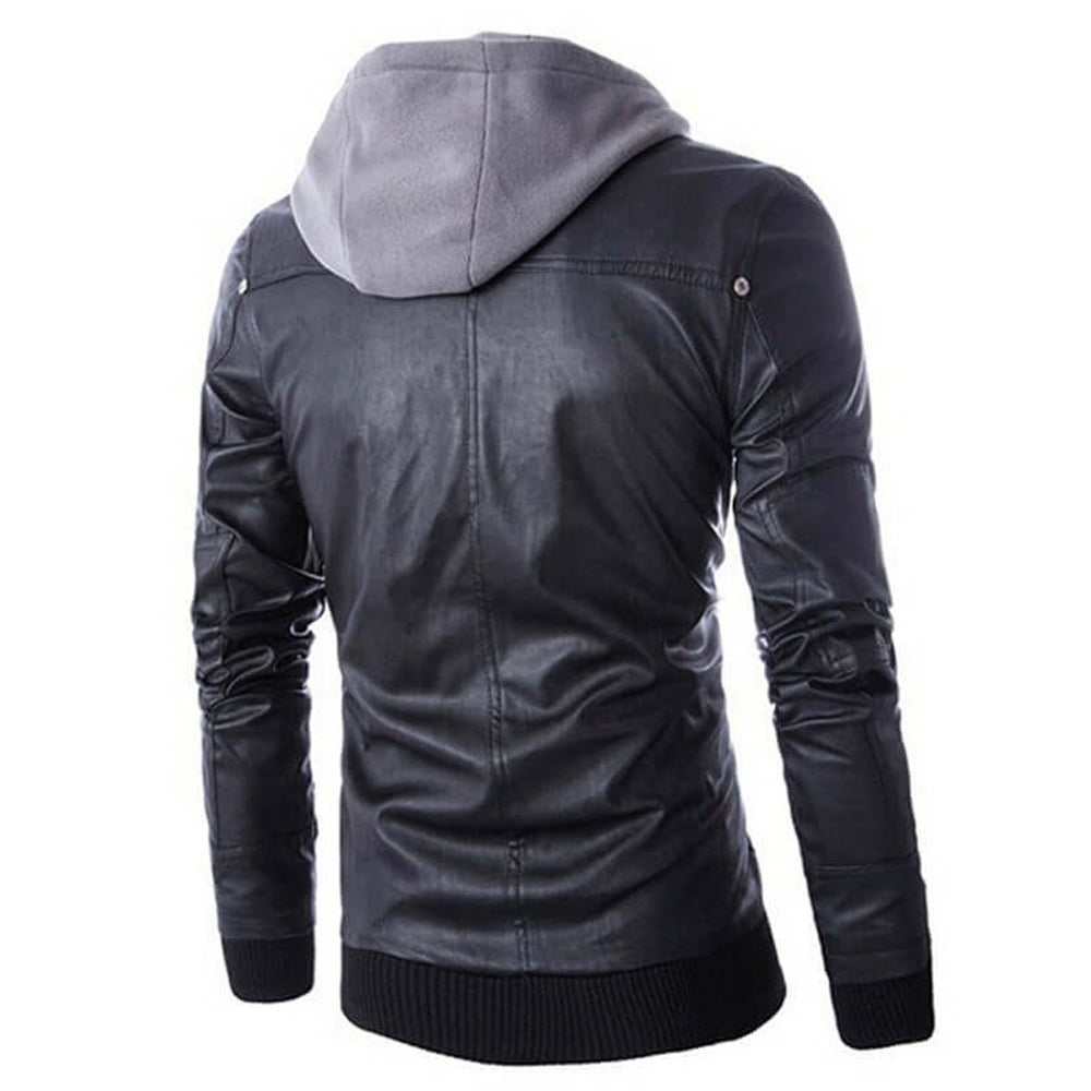 Men's Hooded Faux Leather Bomber Jacket Regular Fit
