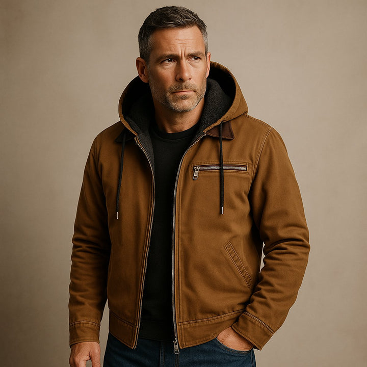 Mens Hooded Fleece-Lined Weather-Resistant Canvas Bomber Jacket