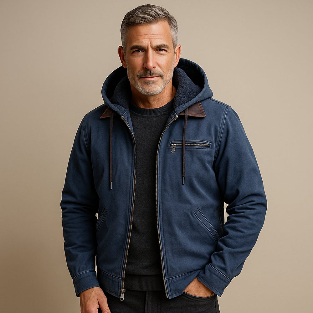 Mens Hooded Fleece-Lined Weather-Resistant Canvas Bomber Jacket