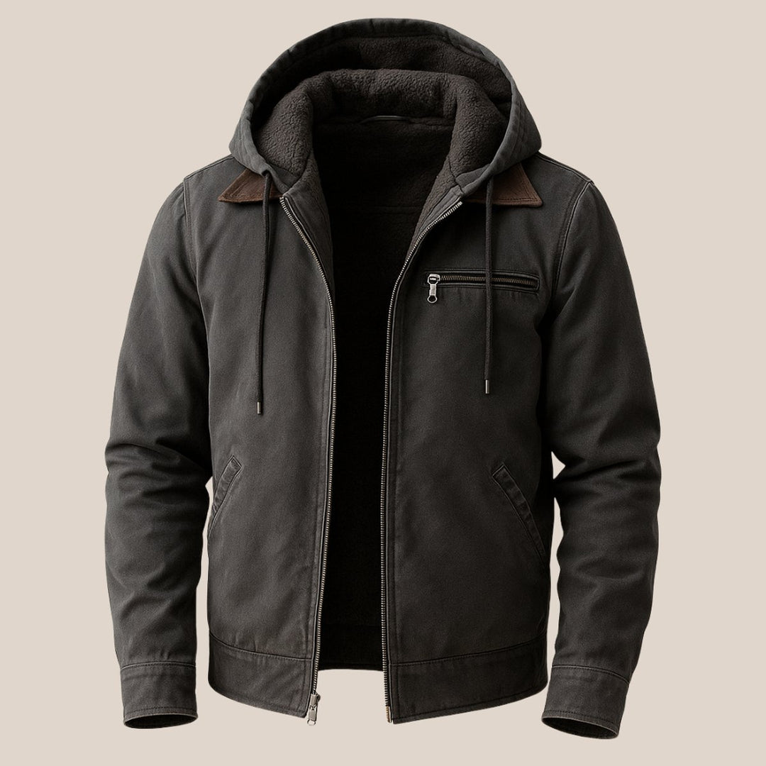 Mens Hooded Fleece-Lined Weather-Resistant Canvas Bomber Jacket