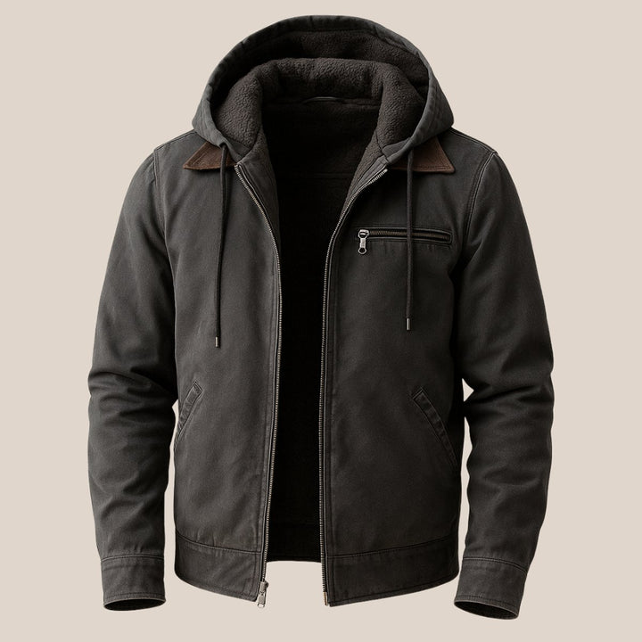 Mens Hooded Fleece-Lined Weather-Resistant Canvas Bomber Jacket