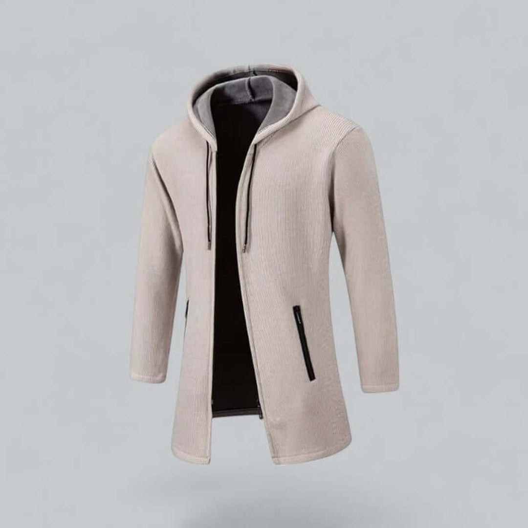 Men's Hooded Longline Waterproof Jacket Ribbed Knit Winter Coat