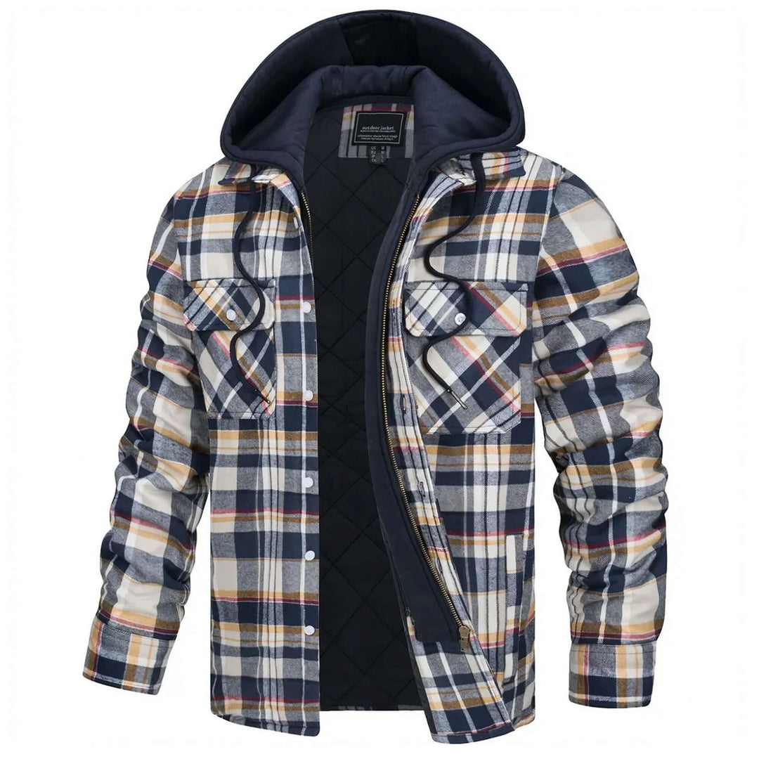 Mens Hooded Quilted-Lined Checked Flannel Shirt Jacket