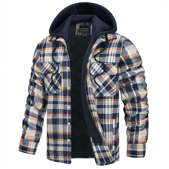 Mens Hooded Quilted-Lined Checked Flannel Shirt Jacket