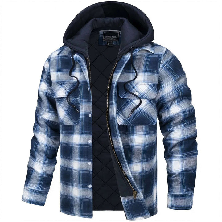 Mens Hooded Quilted-Lined Checked Flannel Shirt Jacket