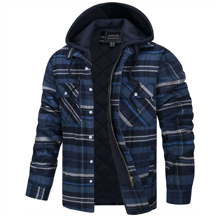 Mens Hooded Quilted-Lined Checked Flannel Shirt Jacket