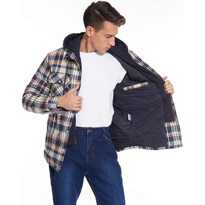 Mens Hooded Quilted-Lined Checked Flannel Shirt Jacket