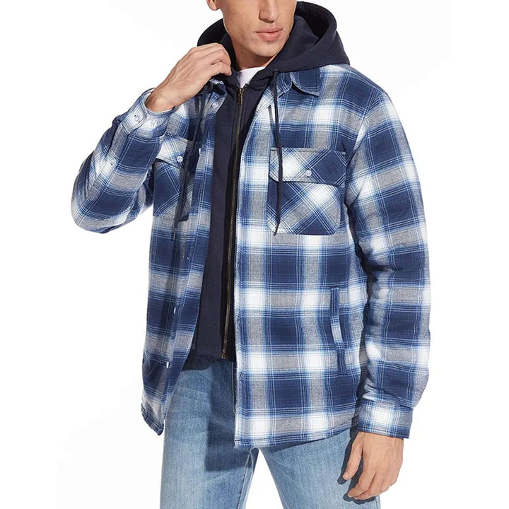 Mens Hooded Quilted-Lined Checked Flannel Shirt Jacket