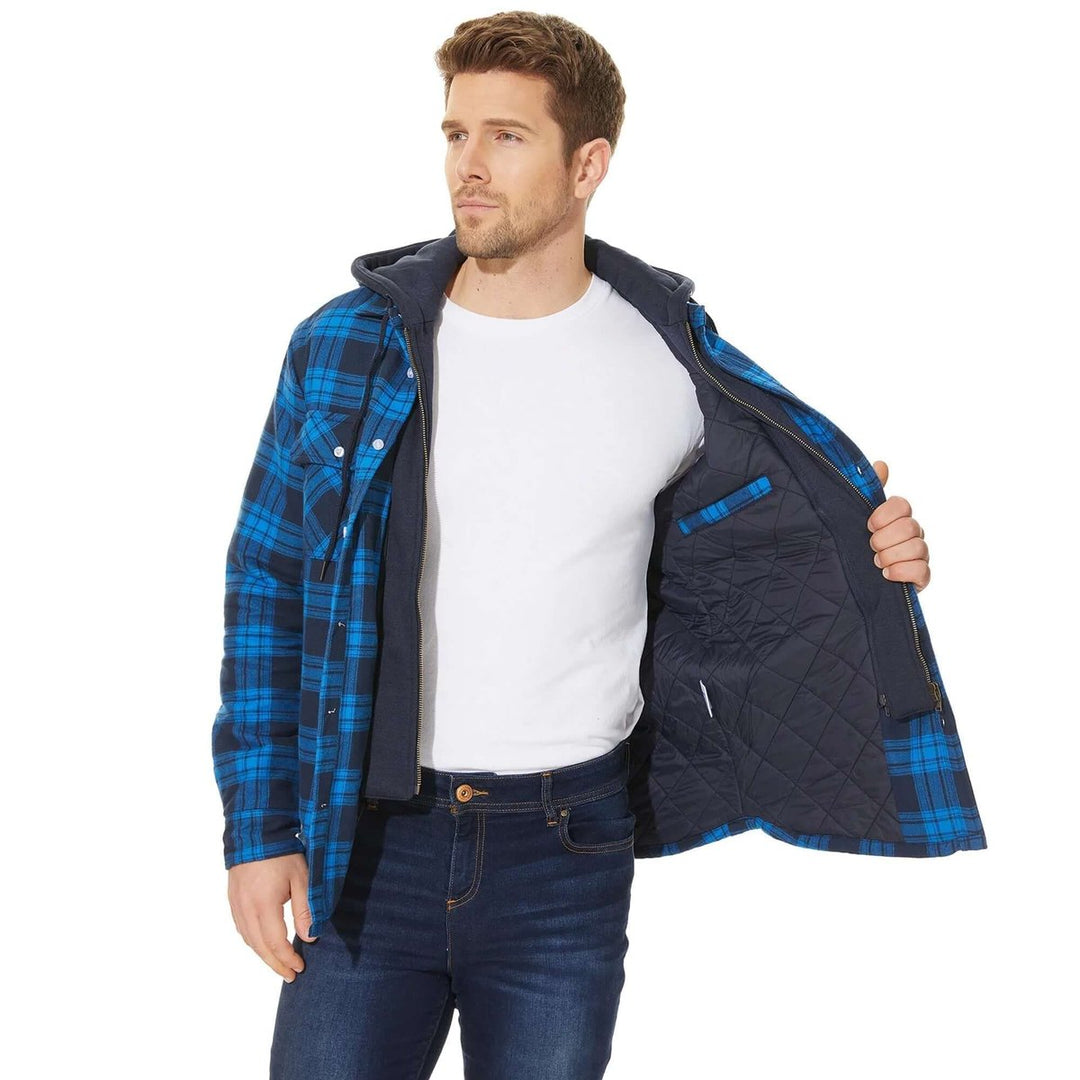 Mens Hooded Quilted-Lined Checked Flannel Shirt Jacket
