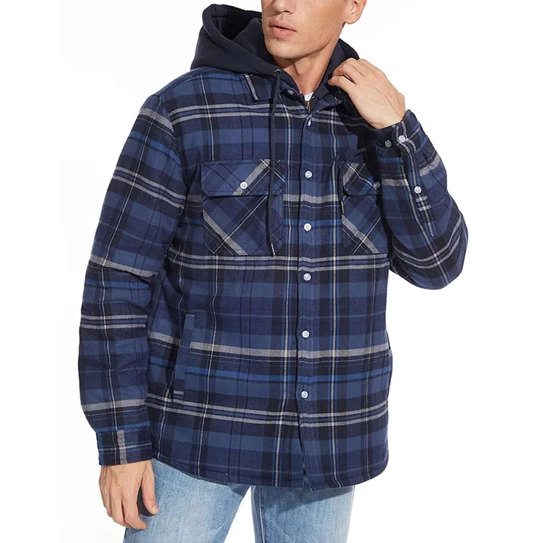 Mens Hooded Quilted-Lined Checked Flannel Shirt Jacket