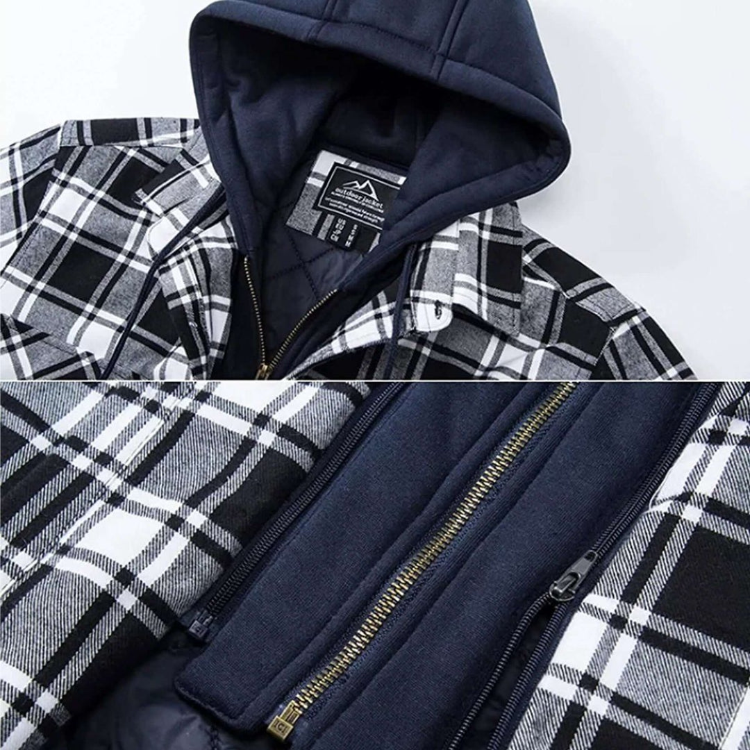 Mens Hooded Quilted-Lined Checked Flannel Shirt Jacket