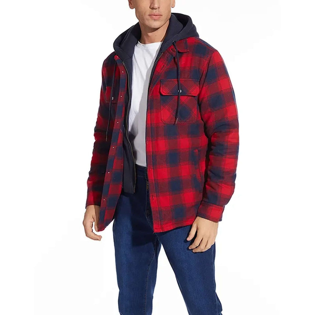 Mens Hooded Quilted-Lined Checked Flannel Shirt Jacket