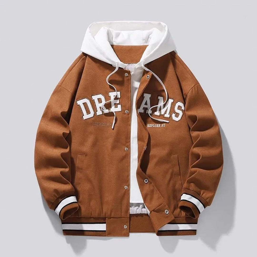 Men's Hooded Varsity Bomber Jacket Snap-Button Relaxed Fit