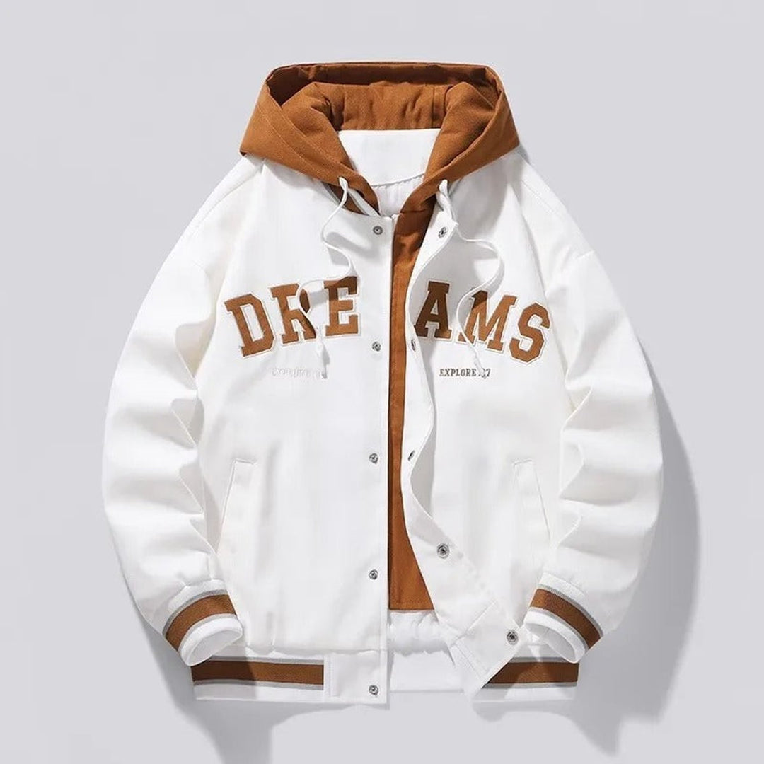Men's Hooded Varsity Bomber Jacket Snap-Button Relaxed Fit